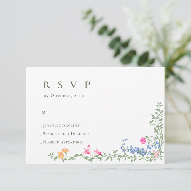 Elegante Watercolor Wilde Blume Blumenzehen RSVP Karte (Stehend Vorderseite)