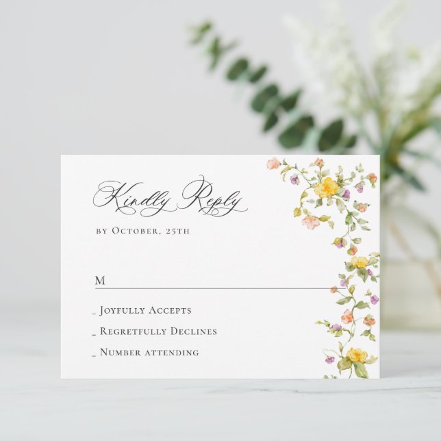 Elegante Watercolor Wilde Blume Blumenzehen RSVP Karte (Stehend Vorderseite)