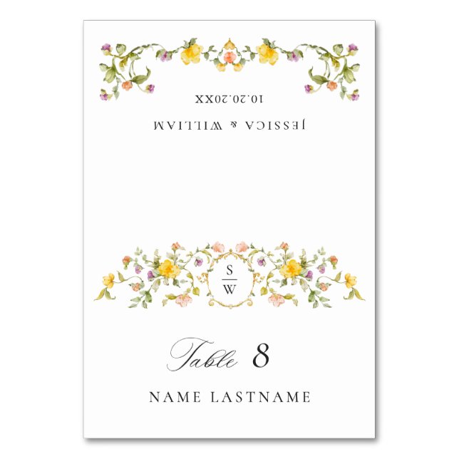 Elegante Watercolor Wilde Blume Blumenzehen Tischnummer (Vorderseite)