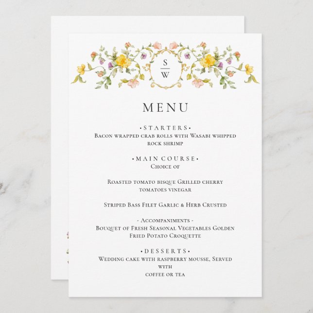 Elegante Watercolor Wilde Blume Hochzeitsessen Menükarte (Vorne/Hinten)