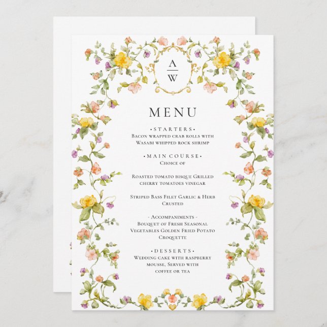 Elegante Watercolor Wilde Blume Hochzeitsessen Menükarte (Vorne/Hinten)