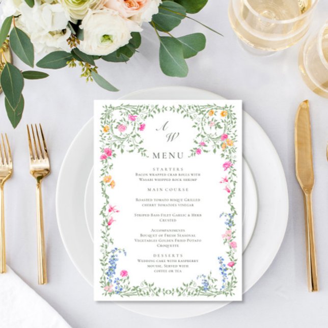 Elegante Watercolor Wilde Blume Hochzeitsessen Menükarte (Von Creator hochgeladen)