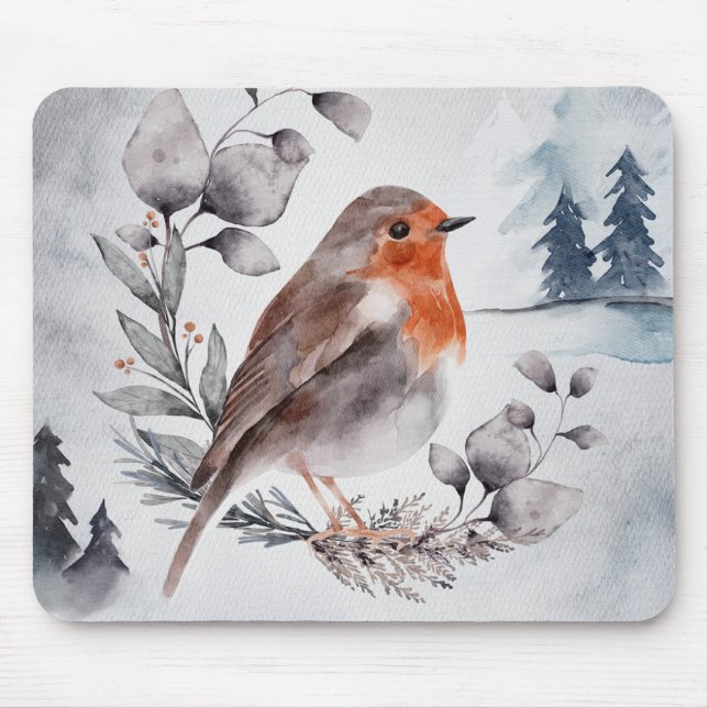 Elegante Watercolor Winter American Robin Mousepad (Vorne)