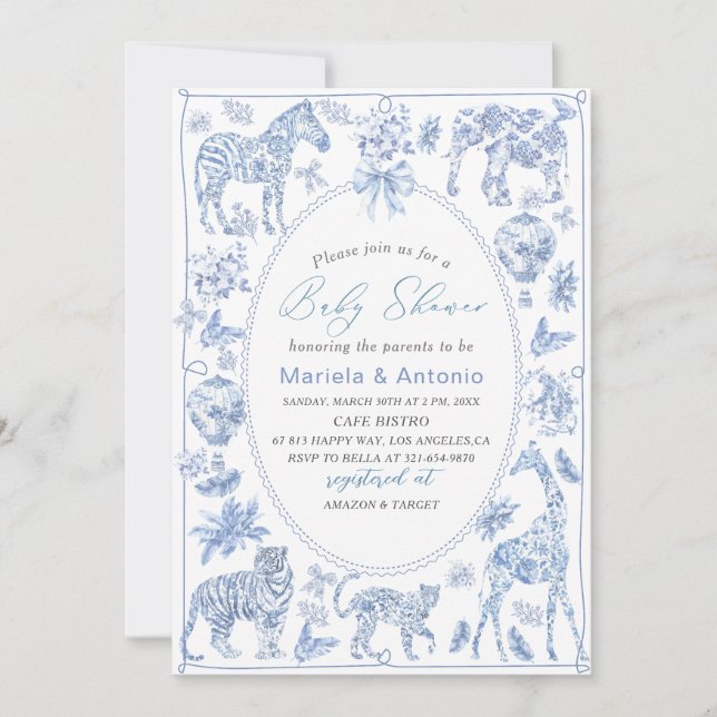 Elegante WatercolorToile Safari Chinoiserie Baby S Einladung (Vorderseite)