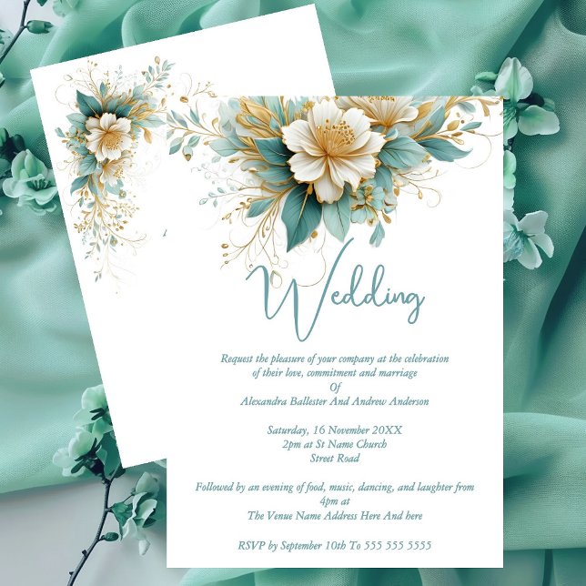Elegante Wedding Blue Green White Blume Einladung (Von Creator hochgeladen)