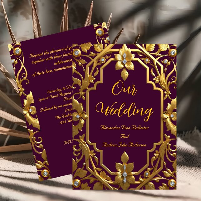 Elegante Wedding Burgundy Gold Verziert Frame Flor Einladung (Von Creator hochgeladen)