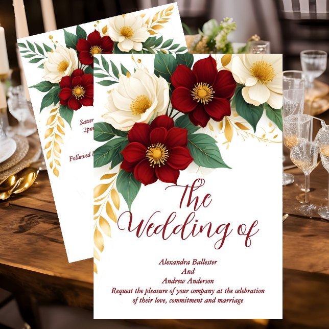 Elegante Wedding Burgundy White Gold Blume Einladung (Von Creator hochgeladen)