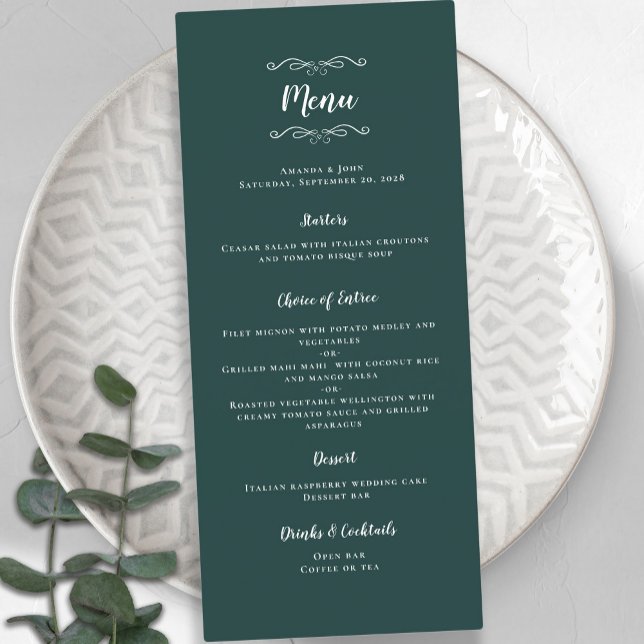 Elegante Wedding Calligraphy Emerald Green Dinner Menükarte (Elegant Wedding Calligraphy Emerald Green Dinner Menu)