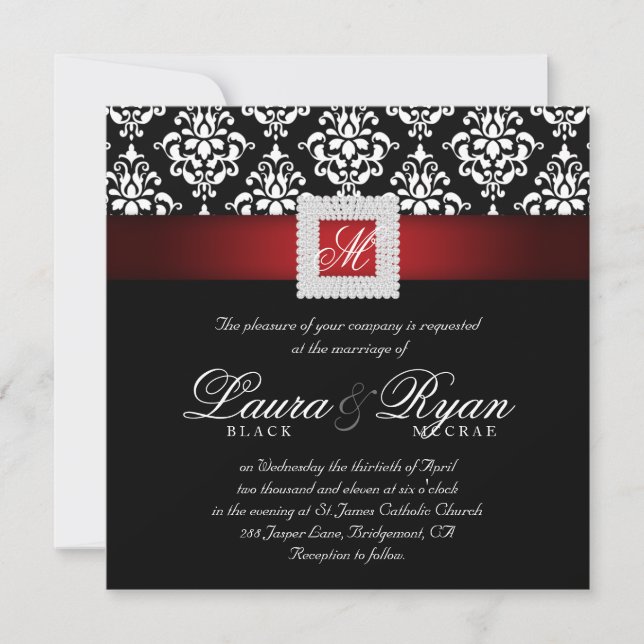 Elegante Wedding Damask Jewels Red Schwarz-weiß Sq Einladung (Vorderseite)