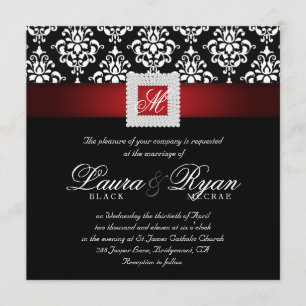 Elegante Wedding Damask Jewels Red Schwarz-weiß Sq Einladung