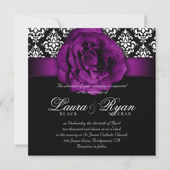 Elegante Wedding Damask Lila Rose Schwarz-weiß Einladung (Vorderseite)