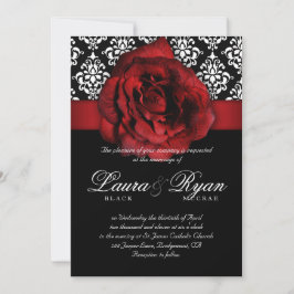 Elegante Wedding Damask Rote Rose Schwarz-weiß Einladung