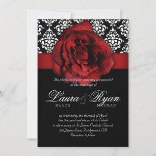 Elegante Wedding Damask Rote Rose Schwarz-weiß Einladung