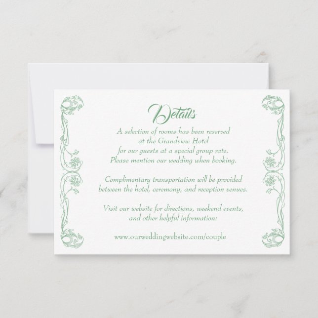 Elegante Wedding Details Card - Green Rose Filigre Einladung (Vorderseite)