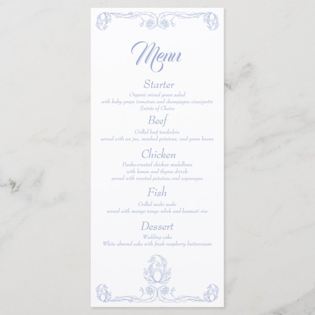 Elegante Wedding Dinner Menu - Blue Rose Filigree Menükarte (Vorderseite)