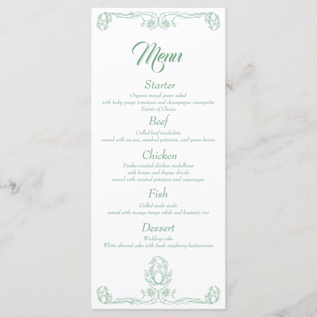 Elegante Wedding Dinner Menu - Grüne Rose Filigree Menükarte (Vorderseite)