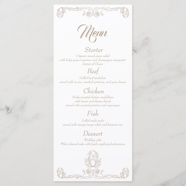 Elegante Wedding Dinner Menu - Sand Rose Filigree Menükarte (Vorderseite)