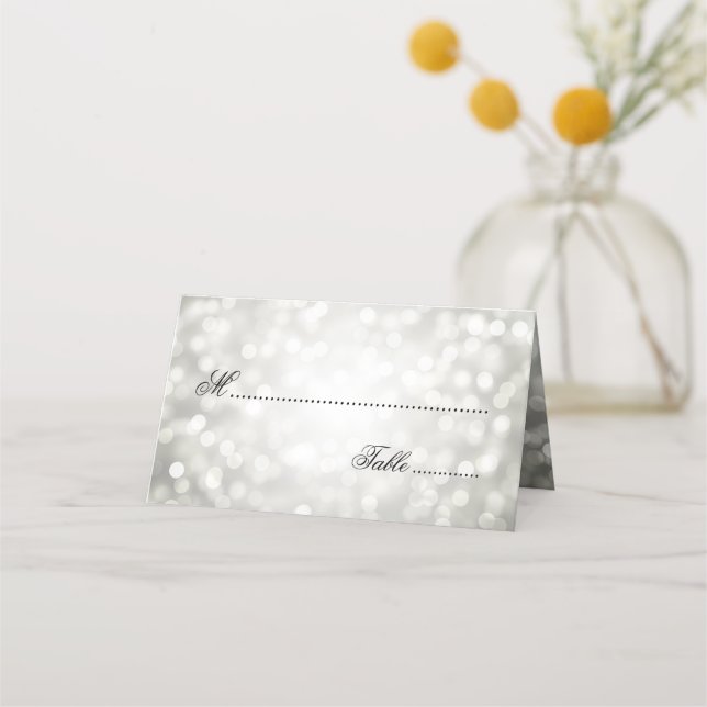 Elegante Wedding Escort Card Silver Bokeh Lights Platzkarte (Vorderseite)