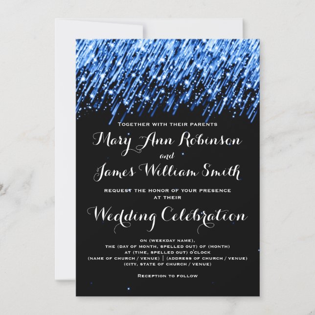 Elegante Wedding Falling Stars Sapphire Blue Einladung (Vorderseite)