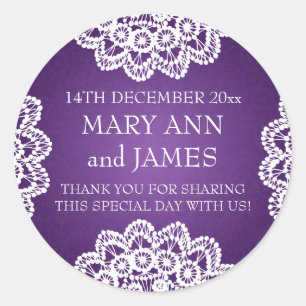 Elegante Wedding Favor Tag Vintag Lace Lila Runder Aufkleber