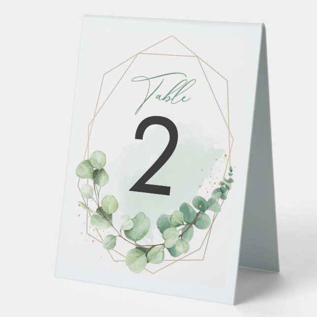 Elegante Wedding Green Gold Eucalyptus Blätter 2 R Tischaufsteller (Vorderseite)