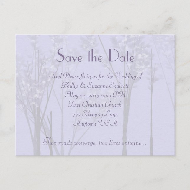 Elegante Wedding Invitation Lavender Tree Art Ankündigungspostkarte (Vorderseite)