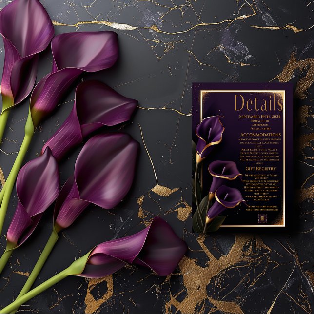 Elegante Wedding Lila Lilies Script Details Card RSVP Karte (Stunning Royal Purple and Gold Wedding Details Enclosure Card)