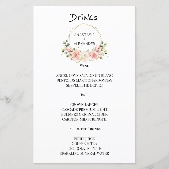 Elegante WEDDING MENU Drinks. (Vorderseite)