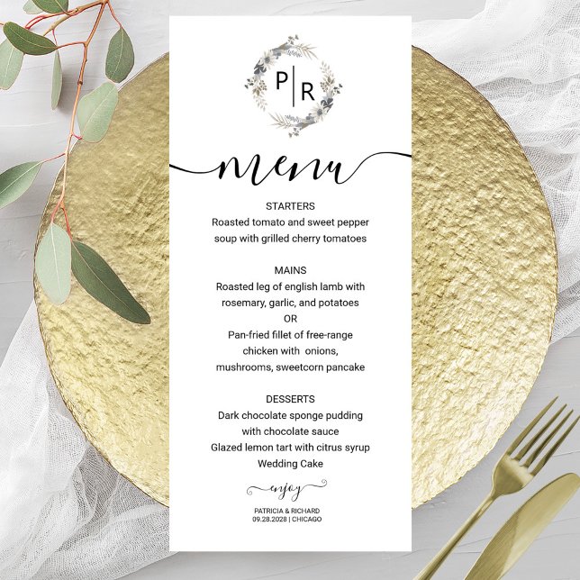 Elegante Wedding Menu Floral Monogram Card (Von Creator hochgeladen)