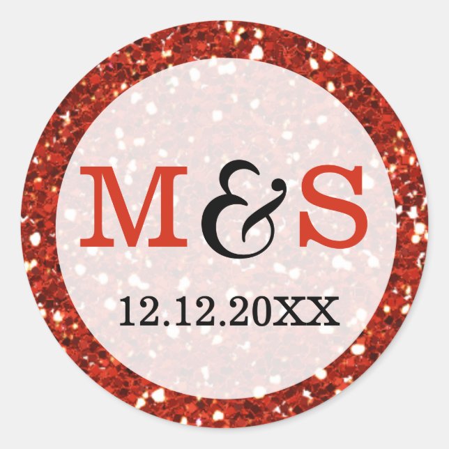 Elegante Wedding Monogram Siegel | Roter Glitzer Runder Aufkleber (Vorderseite)