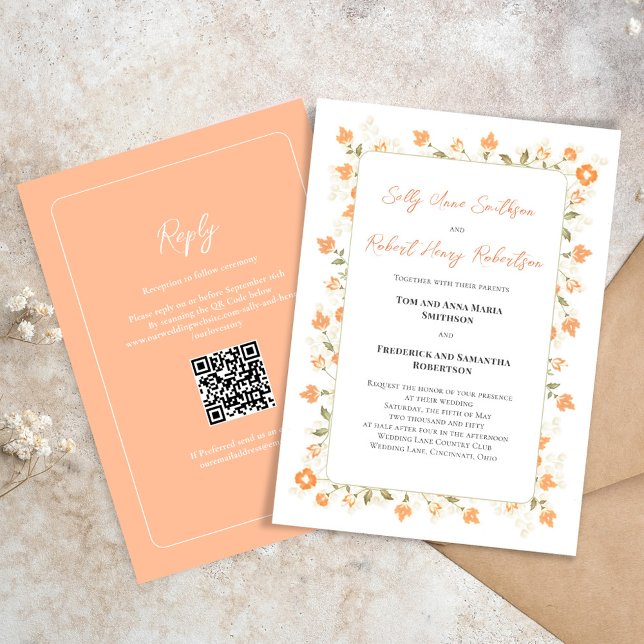 Elegante Wedding Peach Blumenkalligrafie Script Einladung (Elegant peach floral wedding invitation with RSVP and QR code on the backside. )