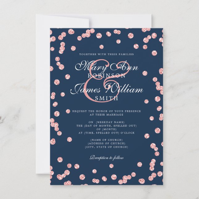 Elegante Wedding Rose Gold Glitzer Confetti Navy Einladung (Vorderseite)