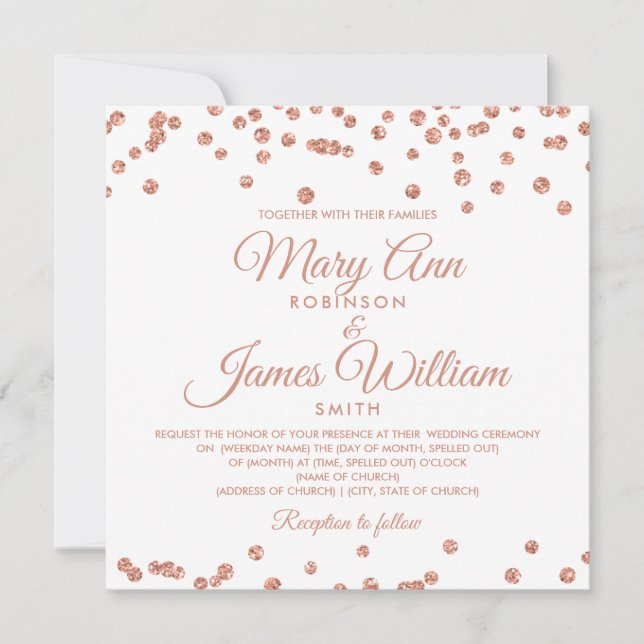 Elegante Wedding Rose Gold Glitzer Confetti White Einladung (Vorderseite)