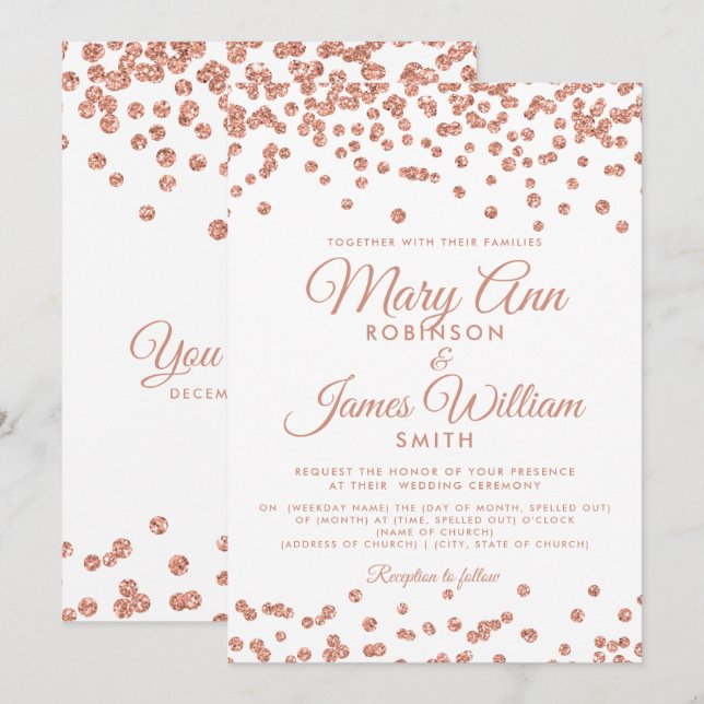 Elegante Wedding Rose Gold Glitzer Confetti White Einladung (Vorne/Hinten)