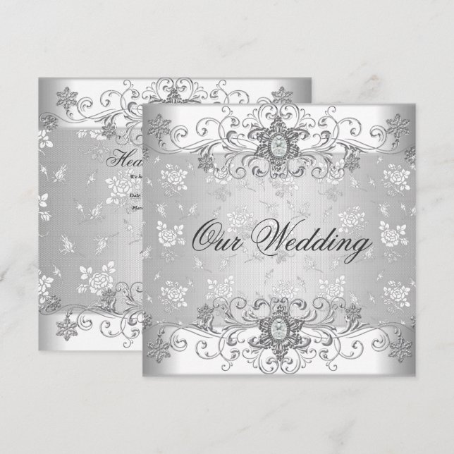 Elegante Wedding Silver White Diamond Jewel Lace Einladung (Vorne/Hinten)