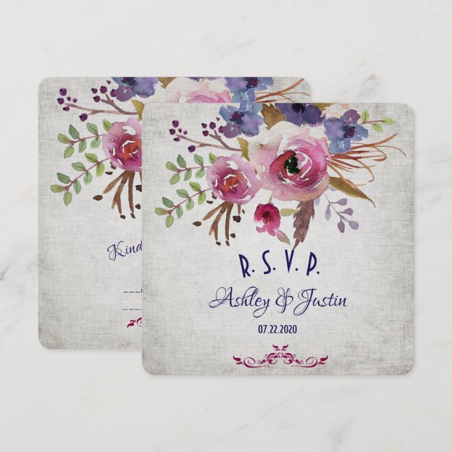 Elegante Wedding Watercolor Blume RSVP Card Einladung (Vorne/Hinten)