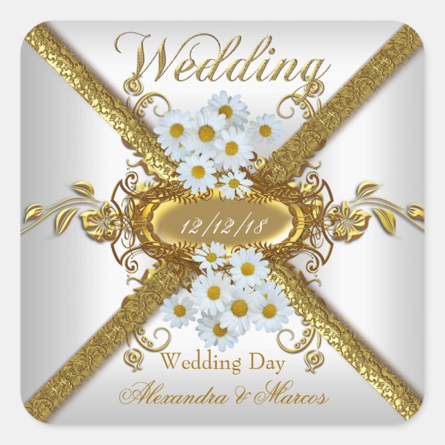 Elegante Wedding White Daisy Blume Gold Quadratischer Aufkleber (Vorderseite)