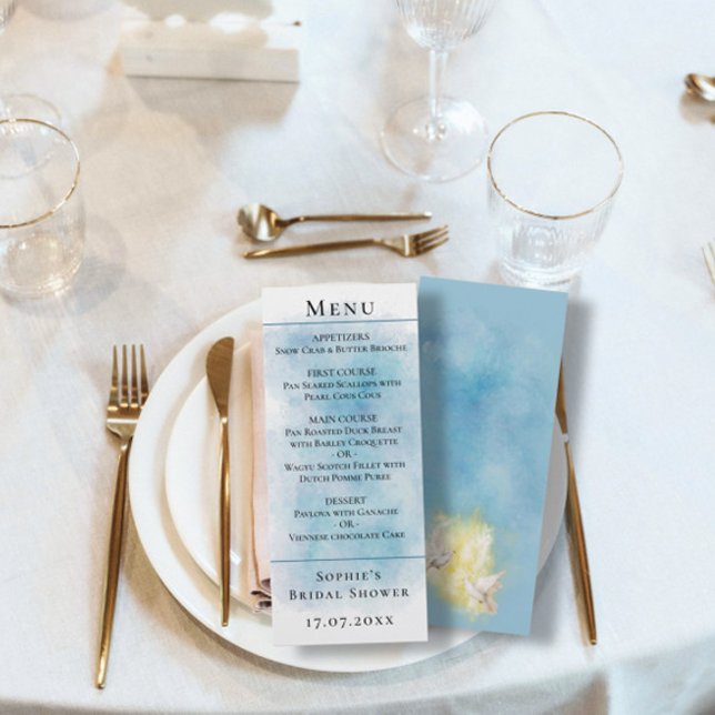 Elegante Wedding White Doves Blue Menu Card Menükarte (Von Creator hochgeladen)