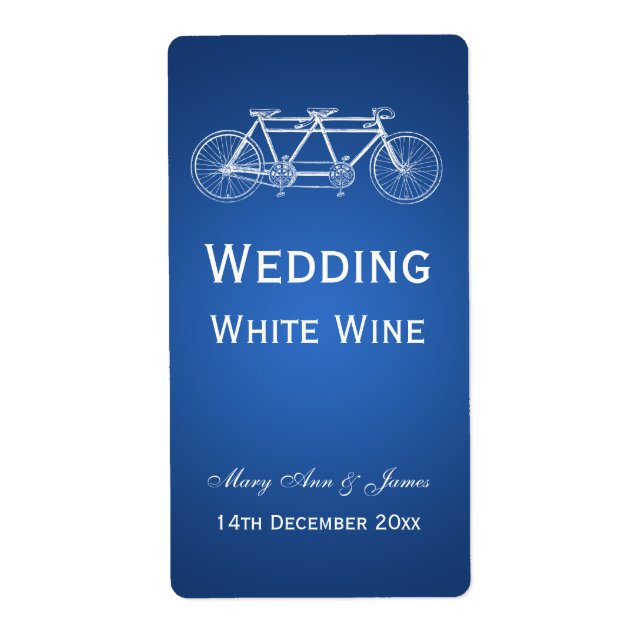 Elegante Wedding Wine Label Tandem Bike Blau (Vorne)