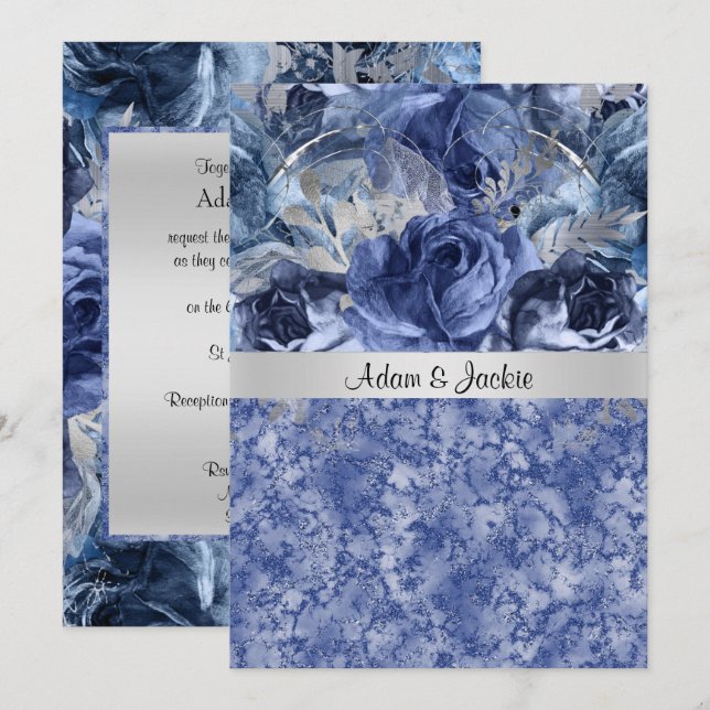 ELEGANTE WEDING FLORAL BLUE MARBLE EINLADUNG (Vorne/Hinten)