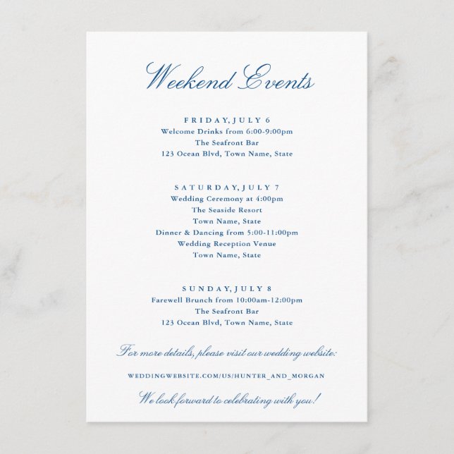 Elegante Weekend Events Navy Blue Wedding Begleitkarte (Vorderseite)