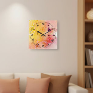 Elegante weiche Pastellgelb-Rosa-Schmetterlinge & Quadratische Wanduhr