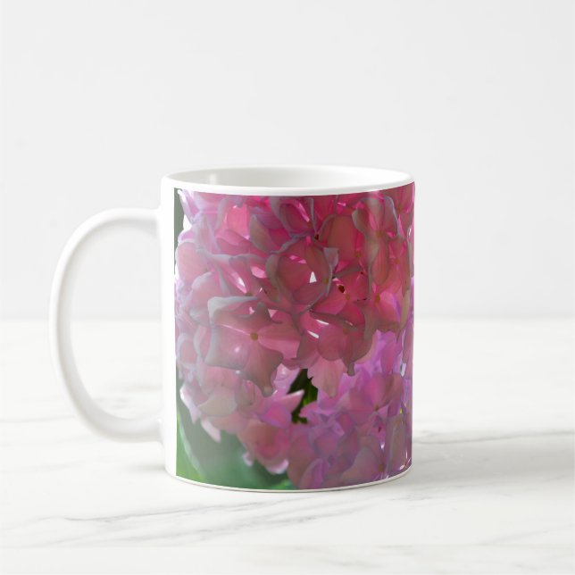 Elegante weiche rosa Blumen rosa Hydrangeas-Rose Kaffeetasse (Links)