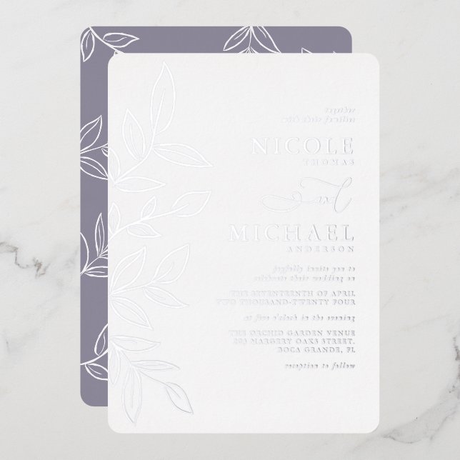 Elegante weiche Violette Minimal Silberleaf Hochze Folieneinladung (Vorderseite/Rückseite)