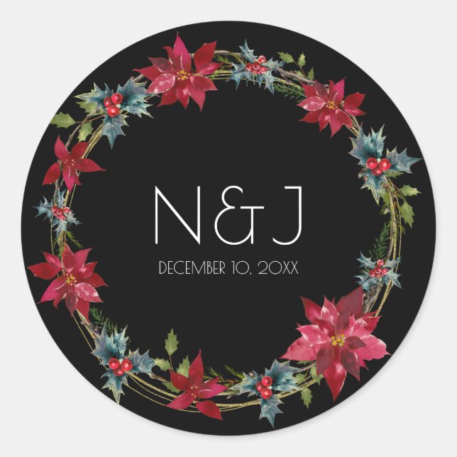 Elegante Weihnachten Flora Holiday Black Dark Mode Runder Aufkleber (Vorderseite)