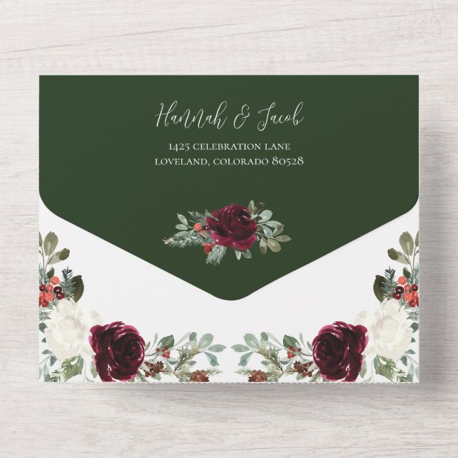Elegante Weihnachten Grünen Winter Hochzeit All In One Einladung (Rückseite)