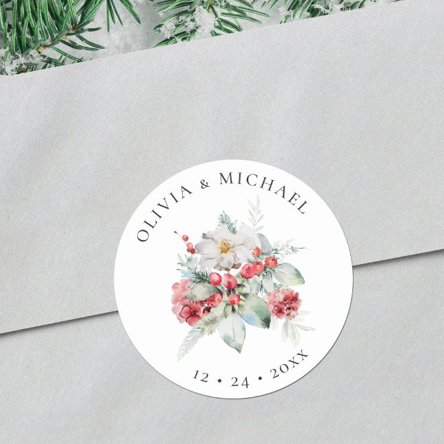 Elegante Weihnachten Hochzeit Wasserfarbenflora Runder Aufkleber (Von Creator hochgeladen)