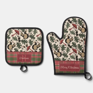 Elegante Weihnachten Kariert & Eichhörnchen Person Ofenhandschuh & Topflappen-Set