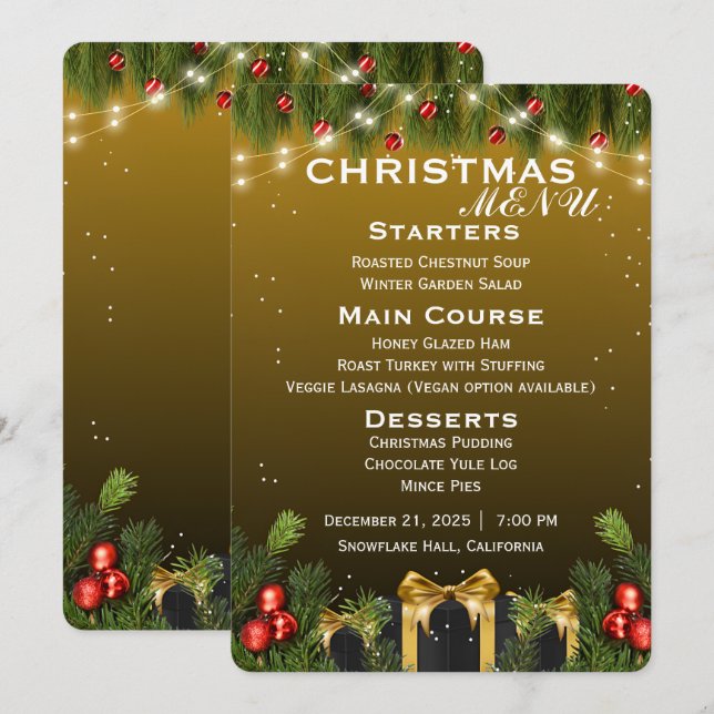 Elegante Weihnachten Menükarte (Vorne/Hinten)