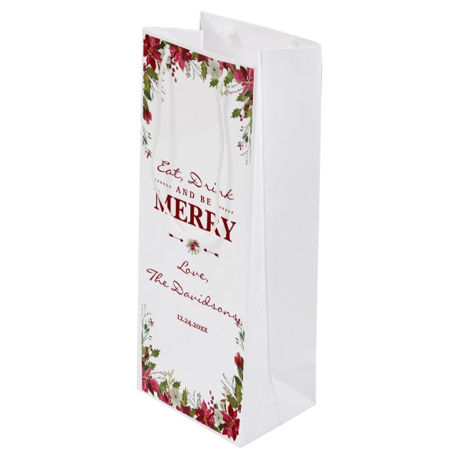 Elegante Weihnachten Poinsettia Essen Drink & be M Geschenktüte Für Weinflaschen (Vorderseite Schrägansicht)